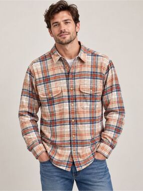 Men's Beige Plaid Button-Up Shirt with Blue & Orange Checks
